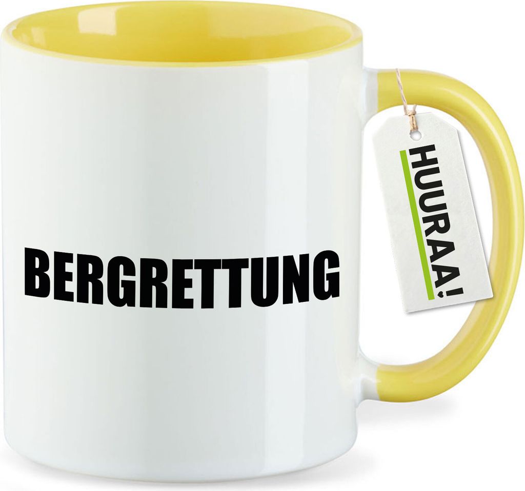 Huuraa Kaffeetasse Bergrettung Schriftzug 330ml Gelb Keramik Kaffeebecher Geschenkidee