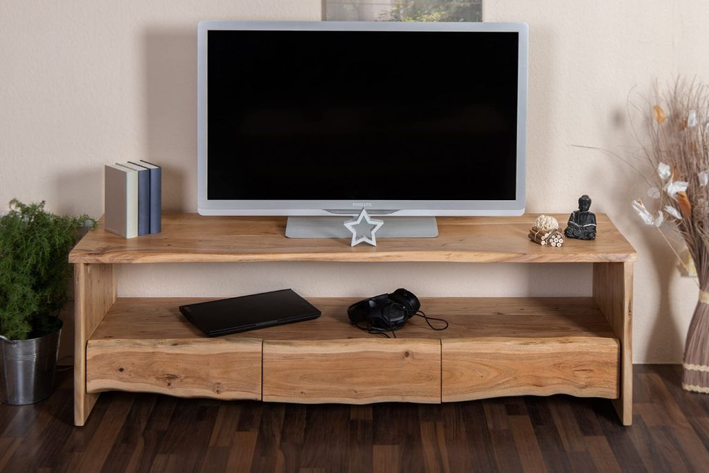 Lowboard Dahlia I, Akazienholz massiv & naturfarben, TV-Schrank mit 3 Schubladen & offenem Fach, TV-Board mit echter Baumkante, 160 x 45 x 50 cm