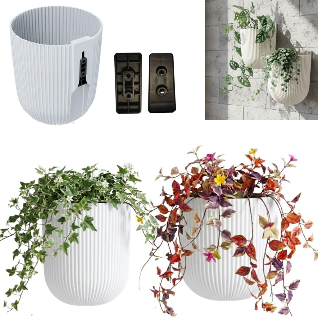 Set mit 2 Wandbepflanzung, Wandblumentopf, Hängeblumentopf, H 18 cm, Ø 15 cm, zarte vertikale Rillen, weiß, Kletterpflanzen, Pflanzenwand, Blume...