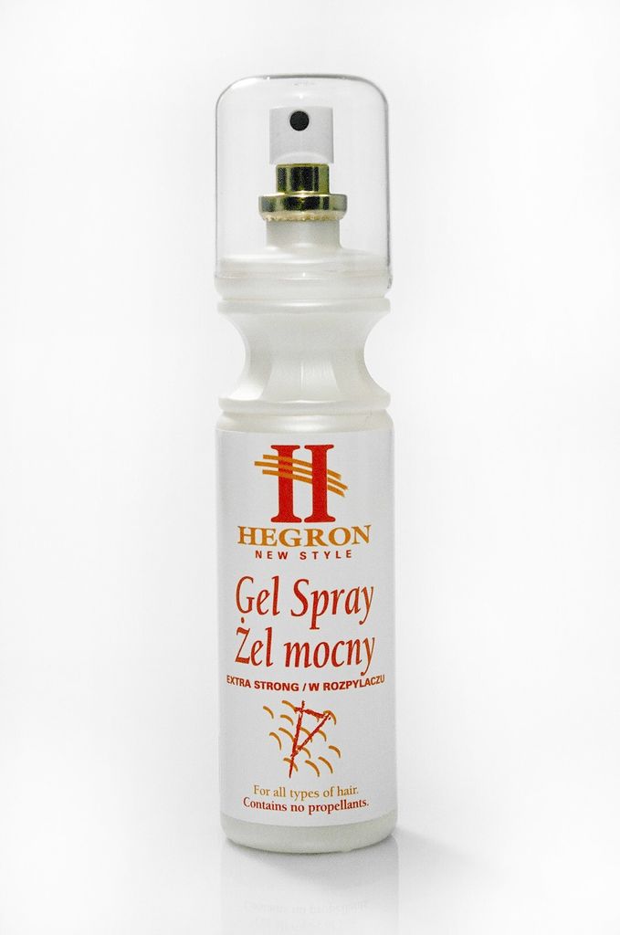 A product shot of a Hegron Gel Spray bottle against a white background.