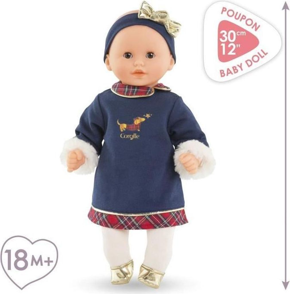 Puppe, Corolle Bébé Calin Margaux, 30 cm, Weichkörper, Schlafaugen, Vanilleduft, Marineblaues Kleid