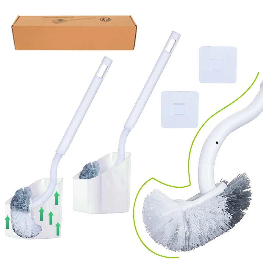 Ensemble brosse de WC incurvée et support blanc avec poils résistants x2