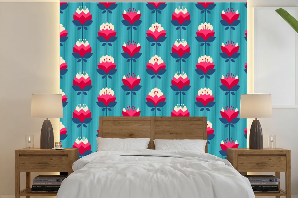 MuchoWow Fototapete für Wohnzimmer oder Schlafzimmer Wandtapete Vinyl Motivtapete Muster - Retro - Lilie - 260x260 cm - Papiertapeten