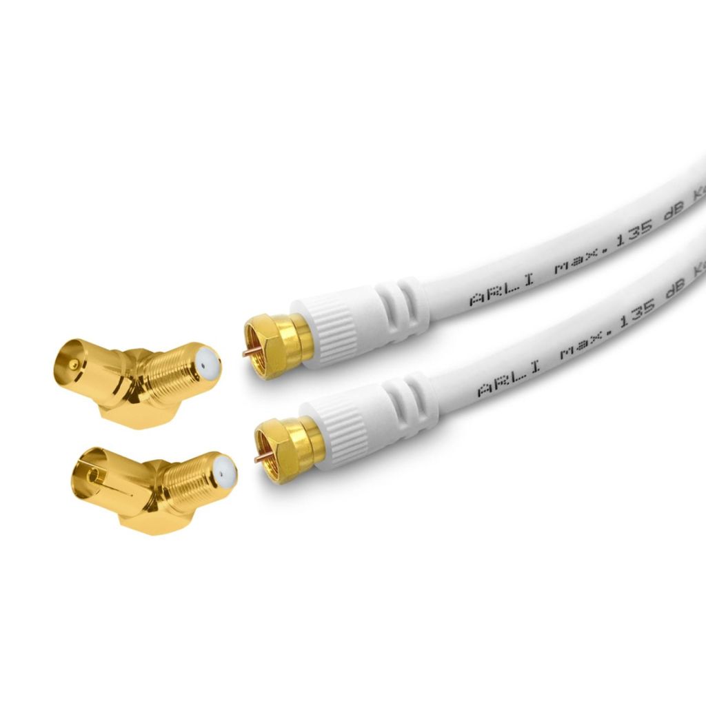 3m ARLI TV Winkel Antennenkabel weiß – max. 135 dB 5-fach geschirmt | vergoldete F-Stecker & IEC Winkeladapter | DVB-C DVB-T2 DAB+ 4K 8K HDTV