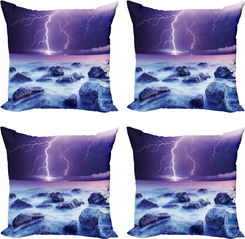 ABAKUHAUS Sturm Kissenbezug Set (4 Stück), Stürmischer Himmel Ozean-Felsen Nacht, Moderner Doppelseitiger Digitaldruck, 60 cm x 60 cm, Lila und I...