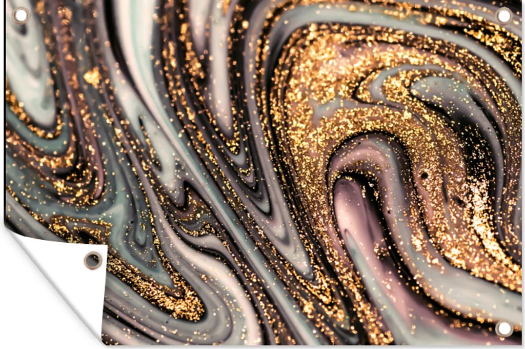 MuchoWow 120x80 cm Outdoor-Poster Gartendeko Sichtschutz Garten Poster für den Garten Marmoroptik - Gold - Glitter - Luxus - Marmor - Weiß