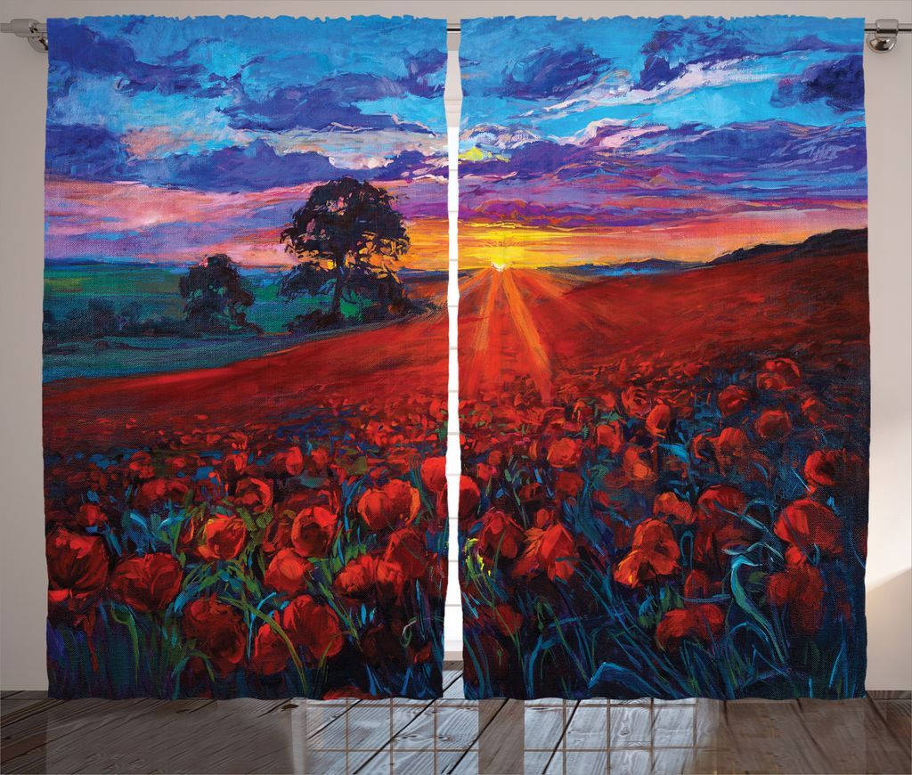 ABAKUHAUS Bunt Rustikaler Vorhang, Mohnblumengarten, Wohnzimmer Universalband Gardinen mit Schlaufen und Haken, 280 x 245 cm, Mehrfarbig