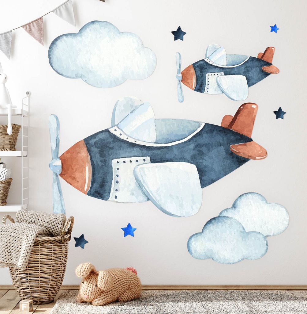Himmel voller Flugzeuge – Wandgestaltung – Wandbilder Kinder – Motivtapeten Set – Wanddekor Kinderzimmer – Selbstklebende Wandsticker –...