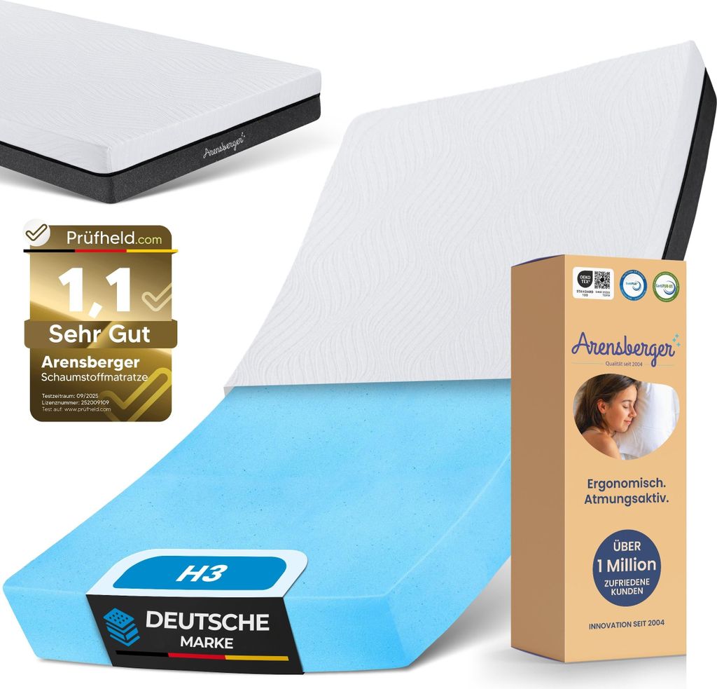 ARENSBERGER SARA Gelschaum Matratze 90x190 cm – 16 cm NANOCELL Gel-Schaum – H3 Härtegrad – Atmungsaktiv – Abnehmbarer Bezug 240g/m² –...