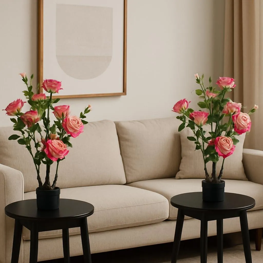 Rosier artificiel de 70 cm en pot rose réaliste pour balcon et jardin