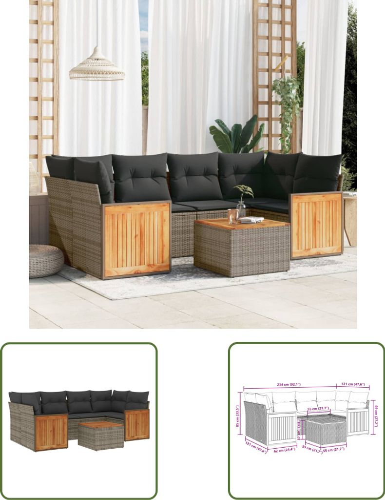 The Living Store 7-tlg. Garten-Sofagarnitur mit Kissen Grau Poly Rattan