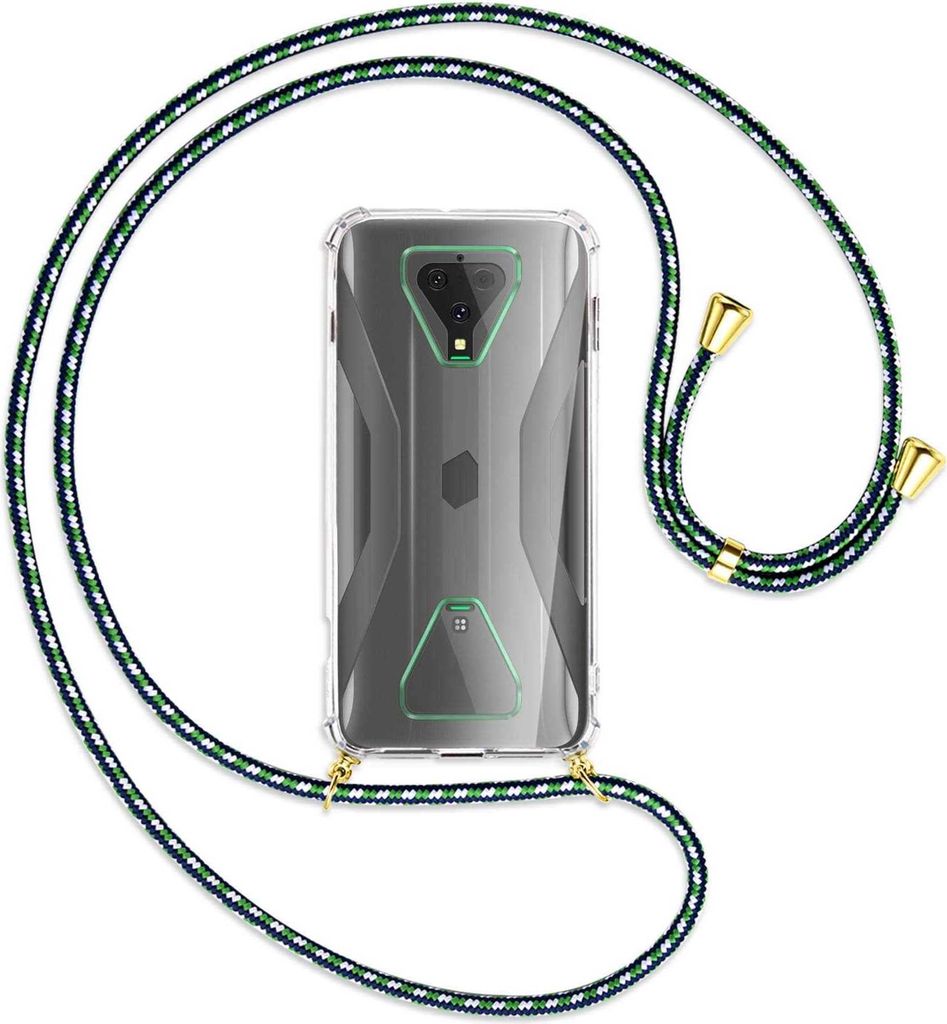 Handykette Backcover-Schutzhülle mit Band (Metall goldfarben) für Xiaomi Black Shark 3 - grün/blau/weiß