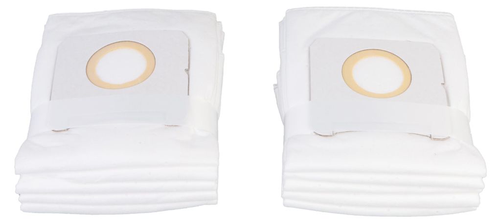 Two stacks of white vacuum cleaner bags are shown against a white background.
