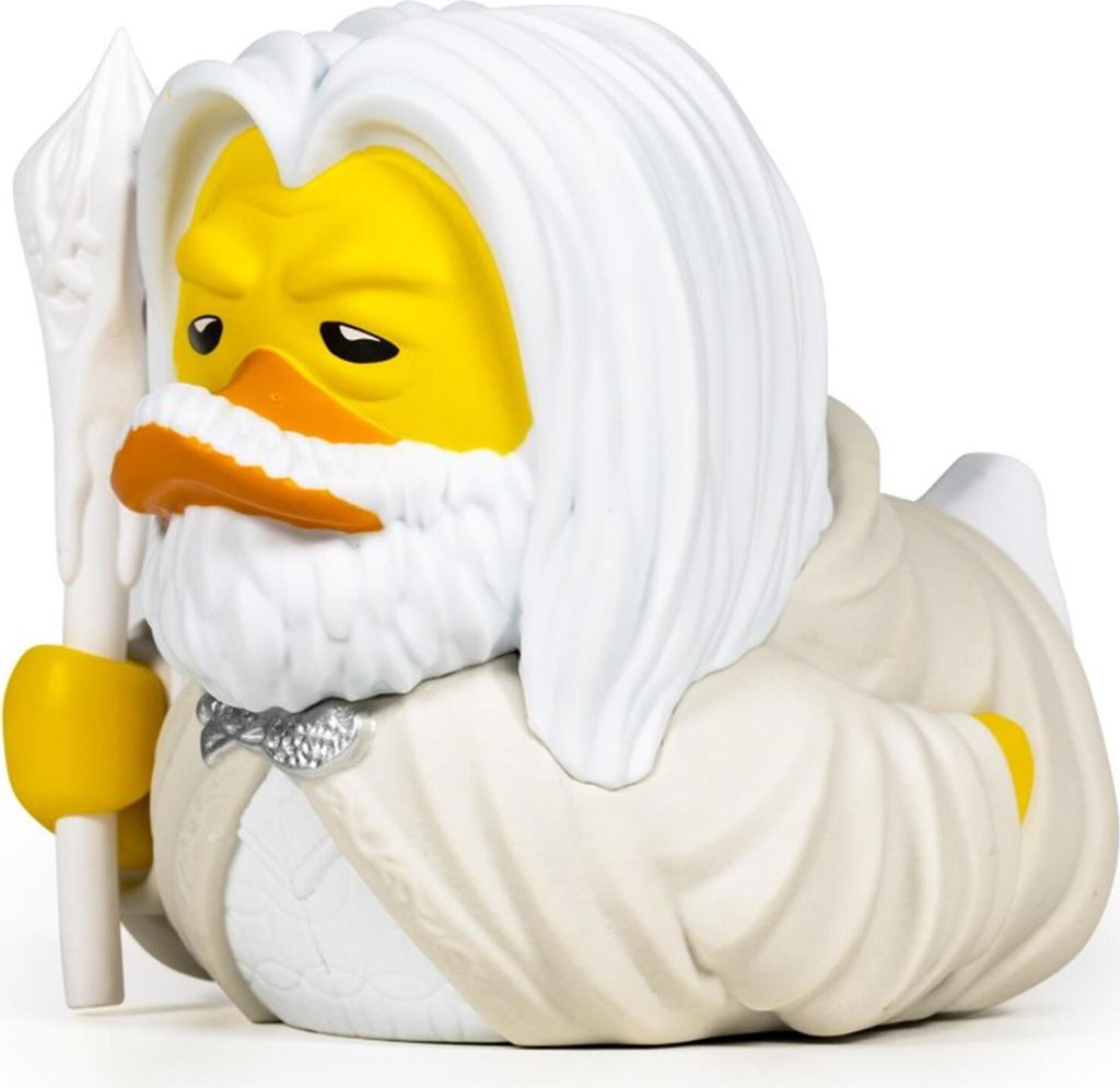 A white rubber ducky dressed as Gandalf the White from Lord of the Rings, holding a staff.