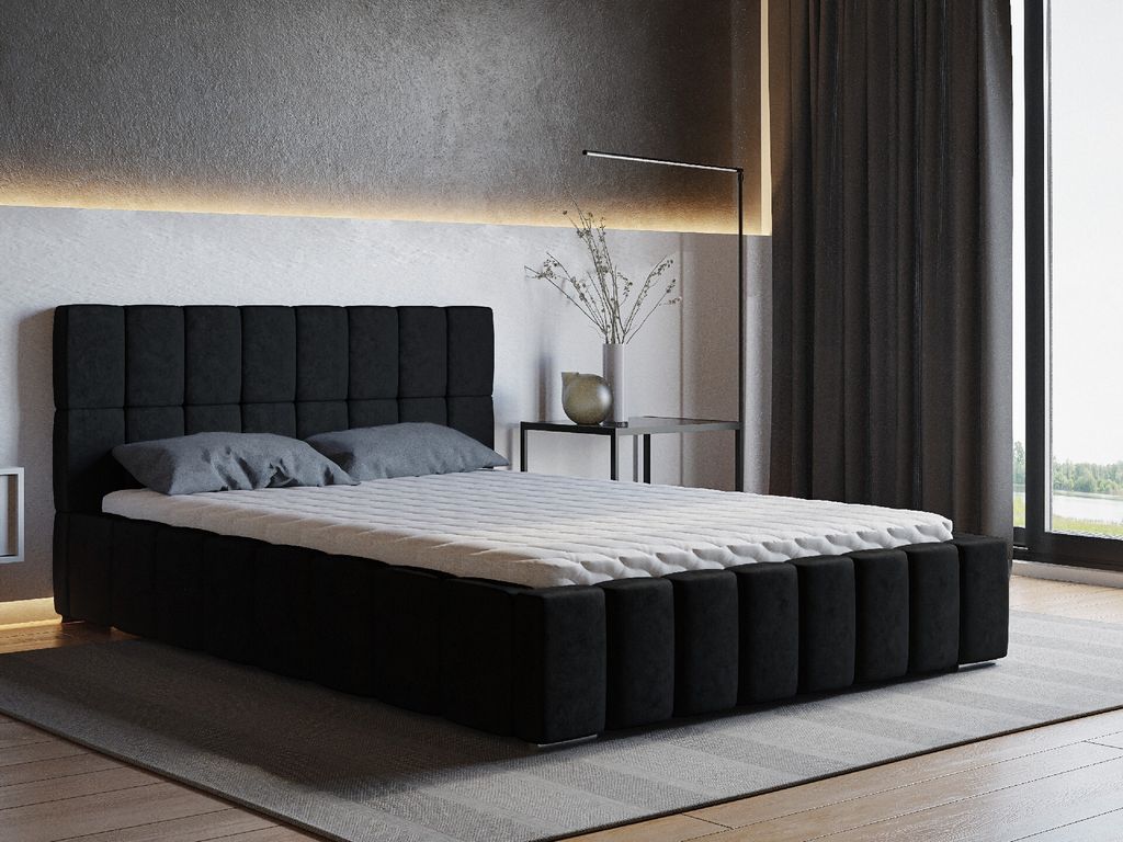 Polsterbett ALMA inkl. Taschenfederkernmatratze Salsa, 180 x 200 cm, Doppelbett mit Bettkasten und Lattenrost aus Holz, Velourstoff: Schwarz