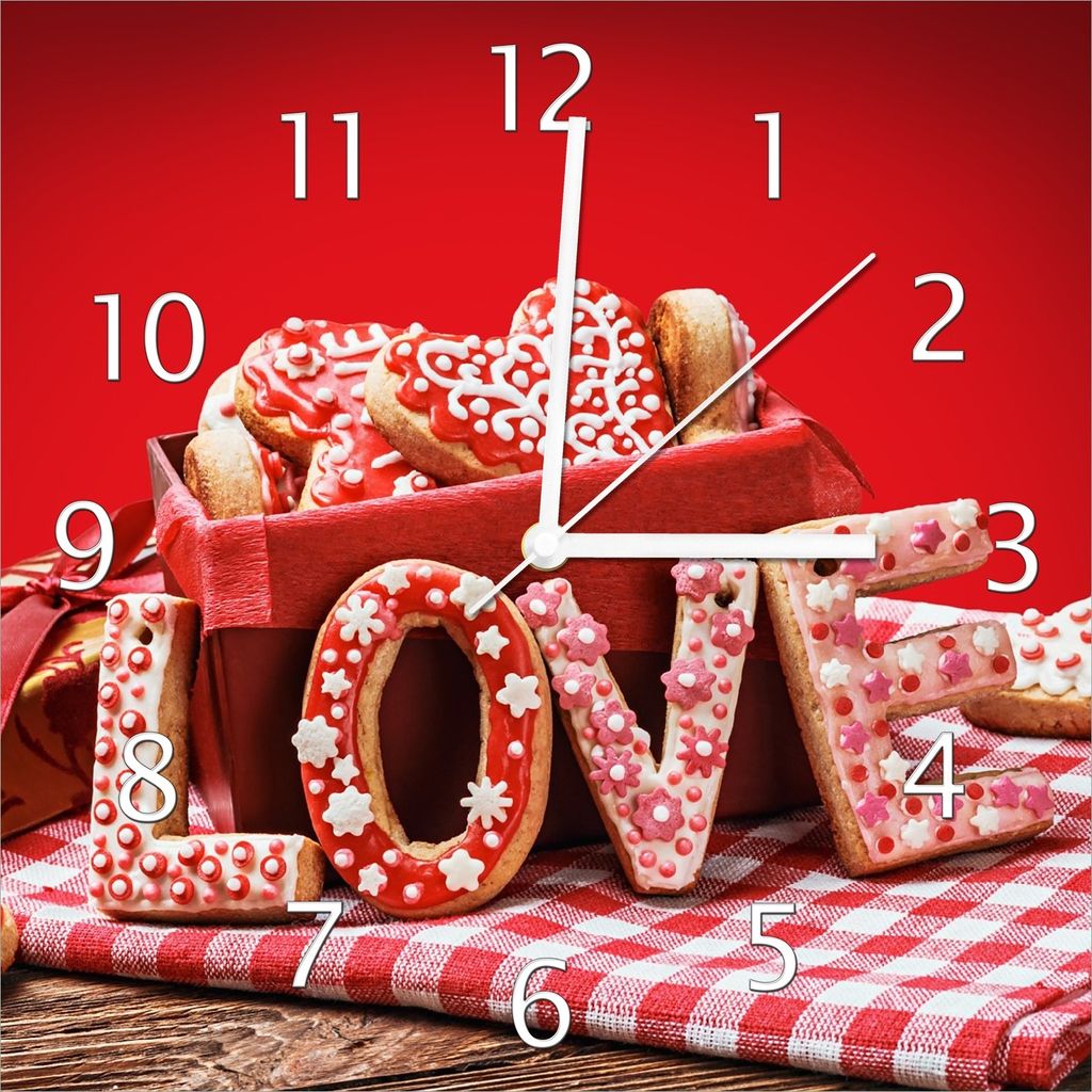 Wallario Design Wanduhr Love Bakery - Backen mit Liebe aus Echtglas, Größe 30 x 30 cm