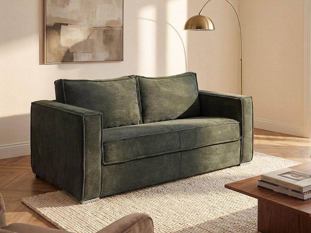 3-Sitzer-Express-Schlafsofa aus Cord in Flaschengrün - Schlafbereich mit 140 cm breiten Latten - Matratze 18 cm - LORETO
