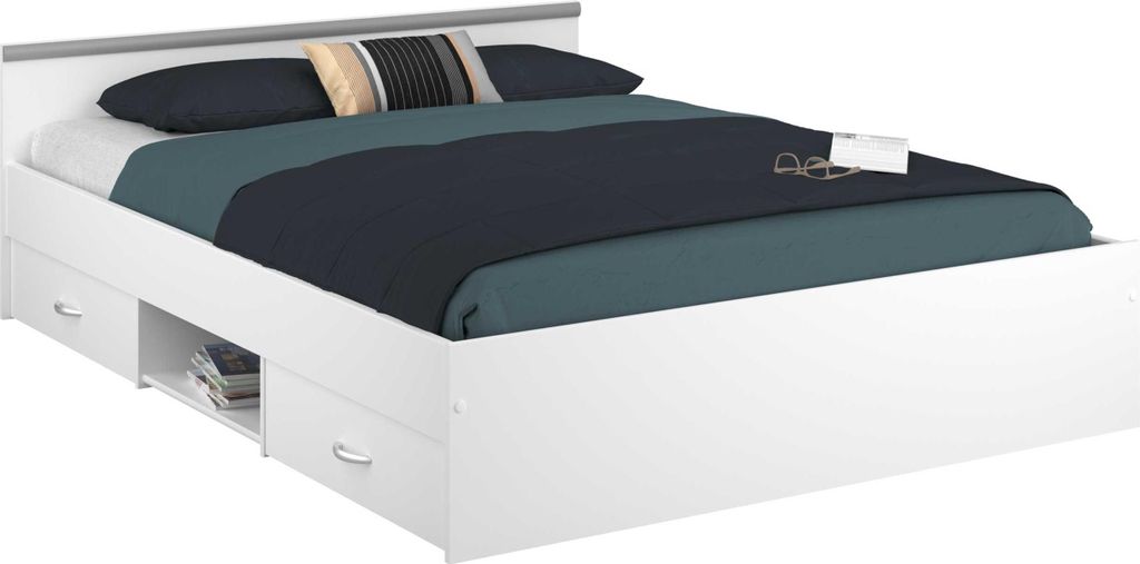 Lit avec 2 tiroirs & 1 étagère - 140 x 190 cm - Blanc - Image du produit 