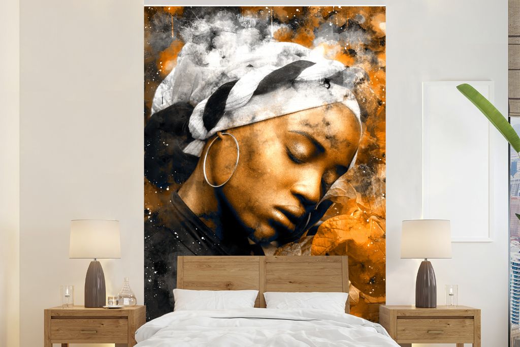 MuchoWow Fototapete für Wohnzimmer oder Schlafzimmer Wandtapete Vinyl Motivtapete Frau - Abstrakt - Kopftuch - 200x300 cm - Wanddekorationen