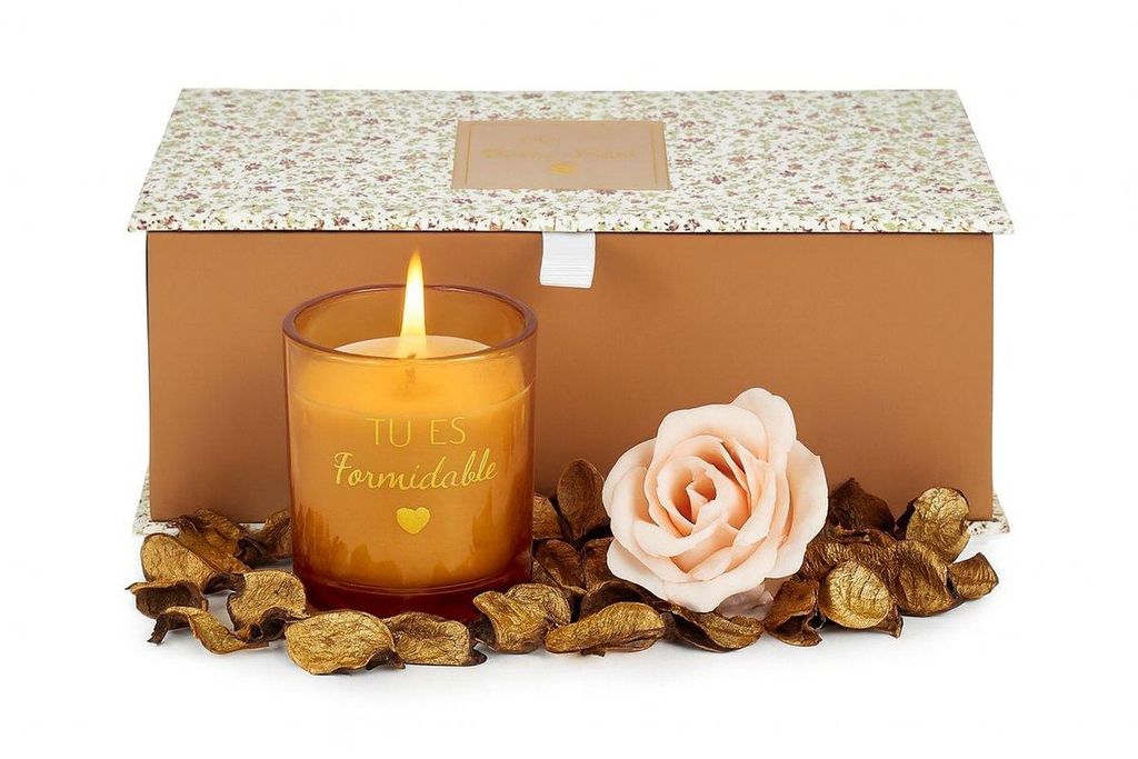 Luxus-Duftkerzen Geschenkbox – Inklusive bernsteinfarbener Duftkerze & dekorativer Rose mit natürlichem Lufterfrischer – Orange