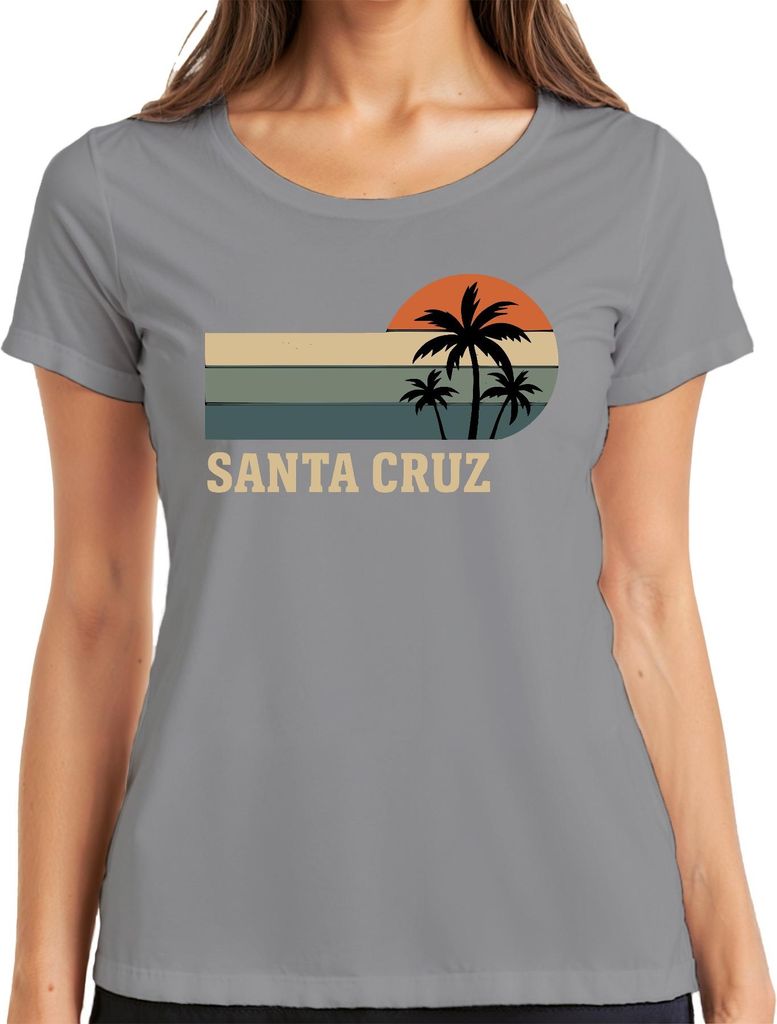 Santa Cruz Palmen Sonnenuntergang Retro Kalifornien Strand Surfen Damen T-Shirt, Grau, M