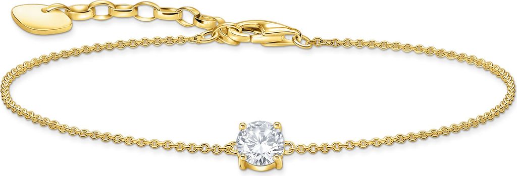 A gold bracelet with a single diamond is displayed on a white background.
