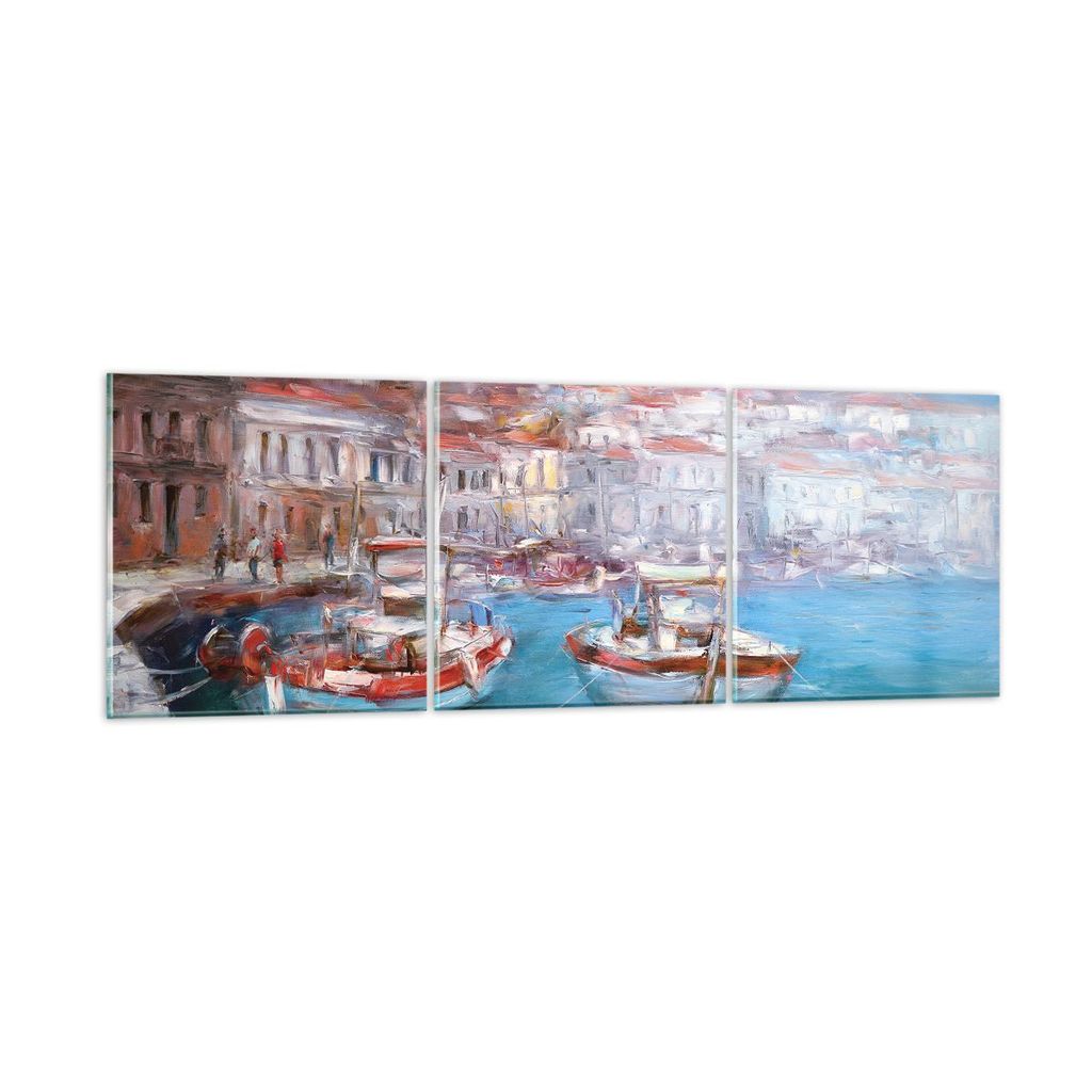 Bilder auf glas - 3 Teile - Öl Boote Griechenland - 90x30cm - Glasbilder - Wandbilder - Bilder - zum Aufhängen bereit - Wanddekoration aus Glas -...