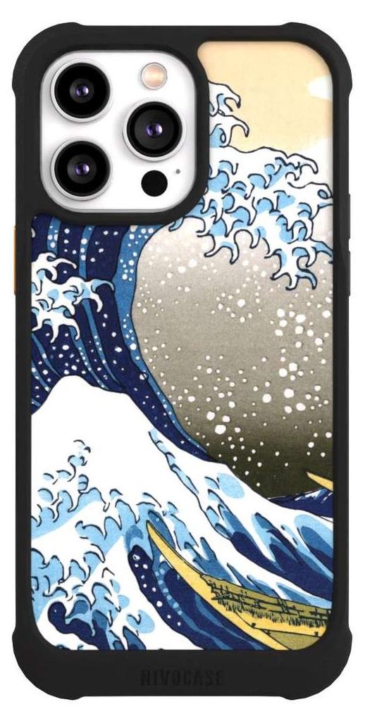 NIVOCASE Hülle für Apple iPhone 14 Pro Max Stoßfeste Handyhülle NIVOmax Case Schwarz Katsushika Hokusai Kunst Die große Welle vor Kanagawa