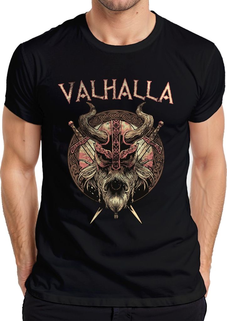 Valhalla Wikingerhelm Schwerter Runenkreis Nordische Mythologie Herren T-Shirt, Schwarz, S