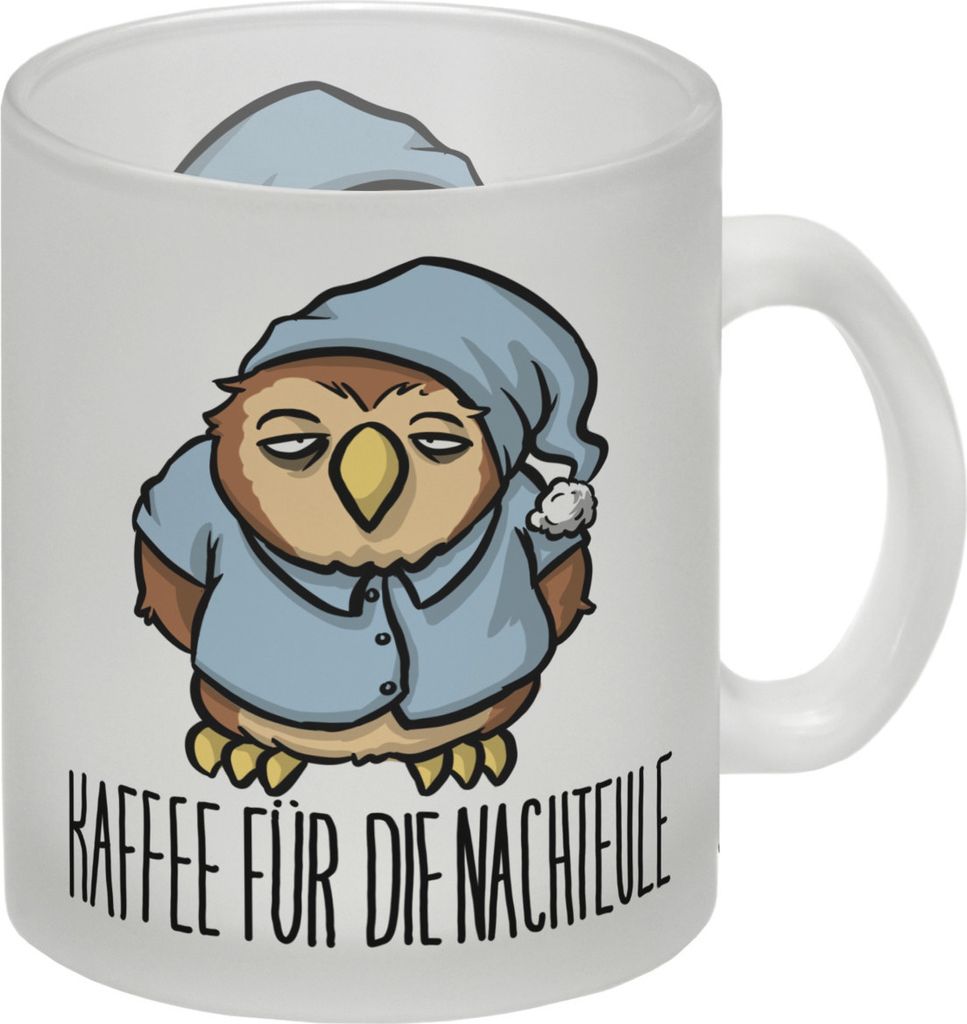 Glas Tasse mit lustigem Motiv - Kaffee für die Nachteule im Schlafanzug