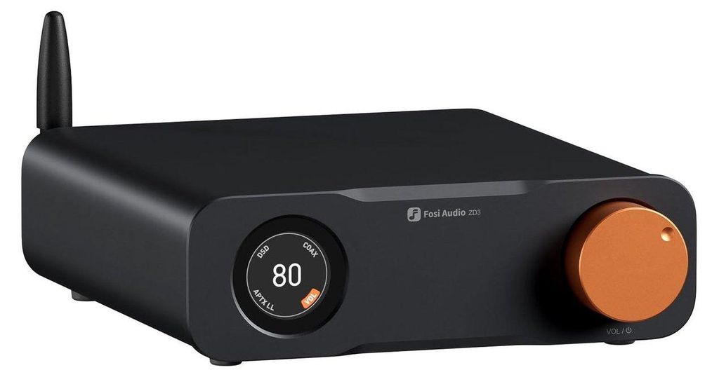 A black Fosi Audio ZD3 desktop DAC amplifier with an orange volume knob and a digital display.