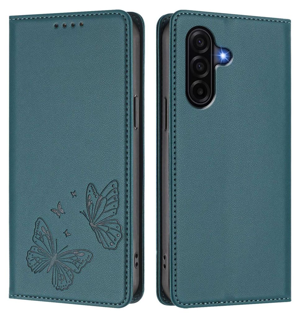 Lederhülle für Samsung Galaxy A57, Schmetterling Prägung Leder Brieftasche Schutzhülle mit Ständer Grün