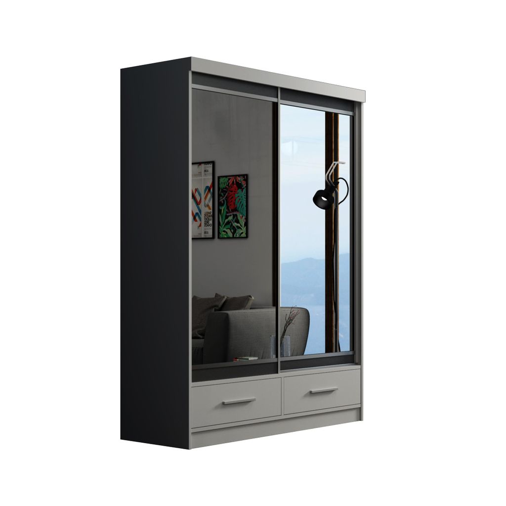 Schiebetürenschrank 150 cm mit Spiegeln und zwei Schubladen, Kleiderschrank mit 2 Schiebetüren, Lieferung bis in die Wohnung (Farbe: Grau)