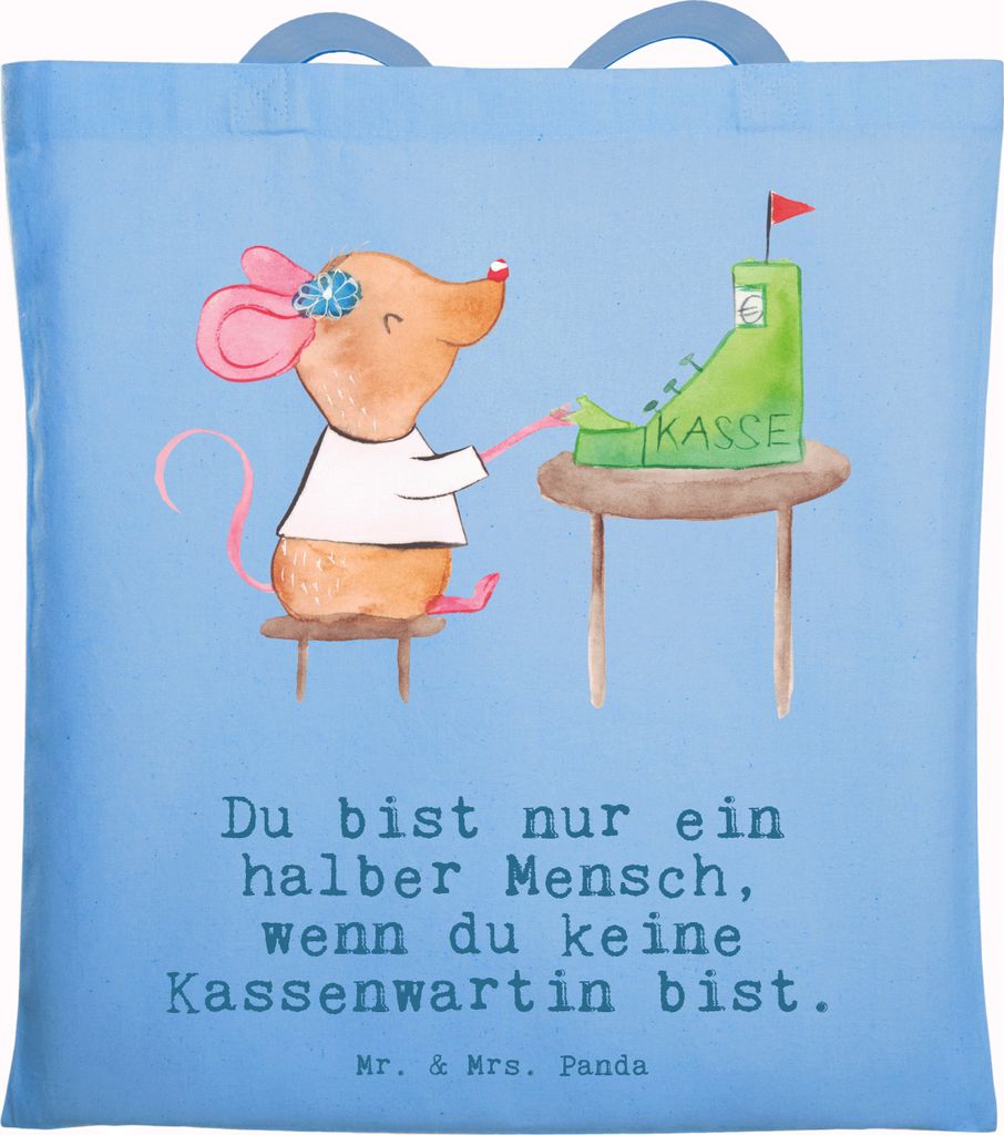 Mr. & Mrs. Panda Schultasche Kassenwartin Herz - Sky Blue - Geschenk, Tote Bag, Uni Tasche, Spruch, Witzig, Laptoptasche, Verein, Lustig, Jutebeutel