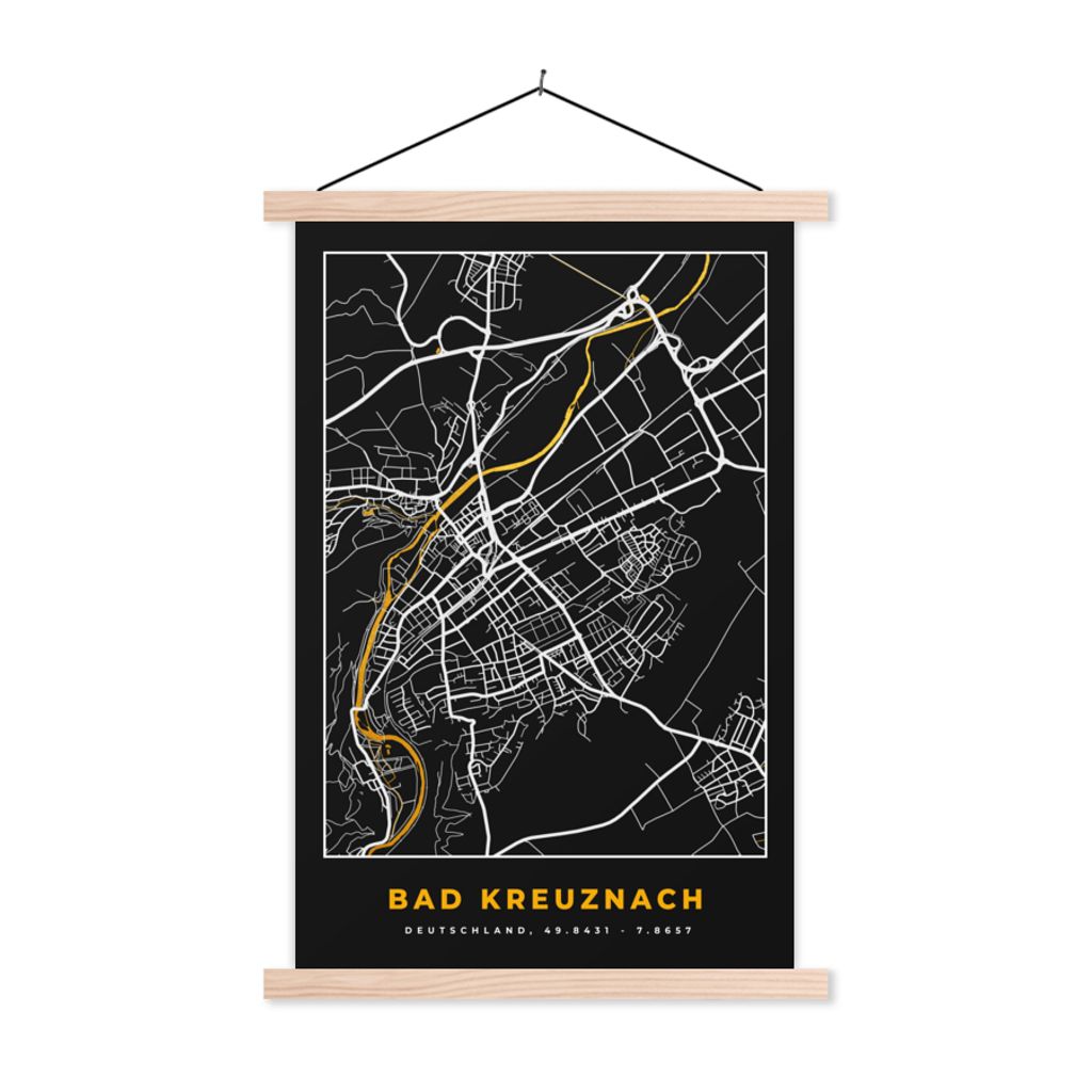 MuchoWow Textilposter Deutschland - Schwarz und Gold - Bad Kreuznach - Stadtplan - Karte 40x60 cm mit holzfarbenen Rahmen - Poster
