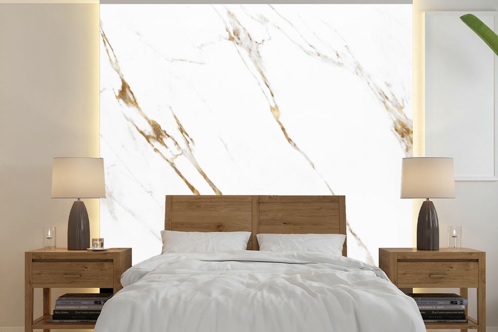 MuchoWow Fototapete für Wohnzimmer oder Schlafzimmer Wandtapete Vinyl Motivtapete Marmor - Weiß - Gold - 240x240 cm - Schlafzimmer-Tapete