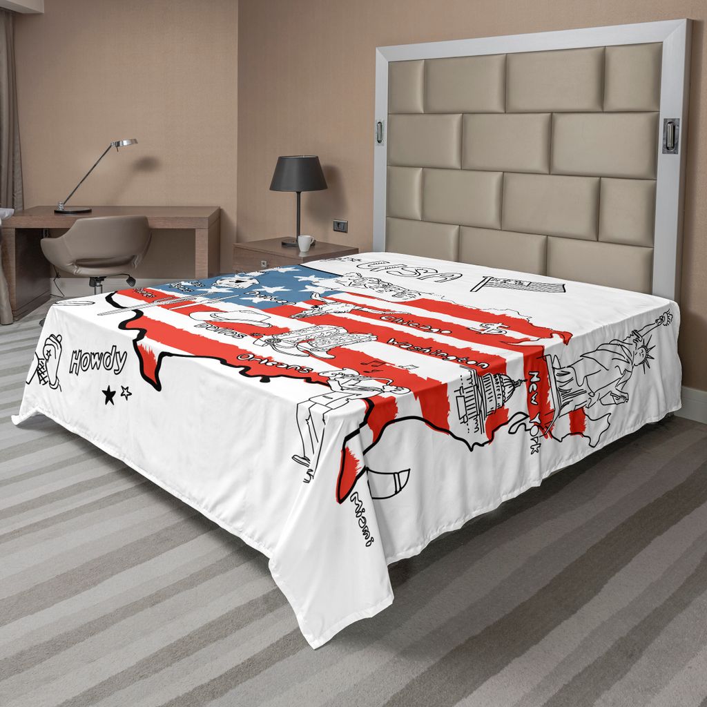 ABAKUHAUS amerikanisch Bettlaken, Usa Flagge Hand Gezeichnet Alle Staaten Kulturerbe Howdy Texas Cowboy Unter Dem Motto, weiches bequemes oberes Be...