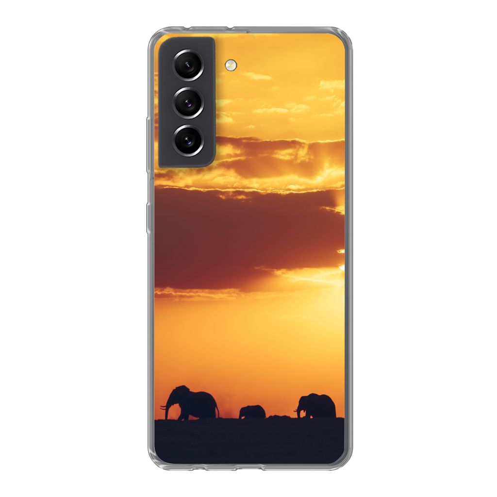 MuchoWow Handyhülle Schutzhülle Hülle für Samsung Galaxy S21 FE Elefanten - Horizont - Sonnenuntergang - Tiere Silikon Softcase Handy Hülle ...