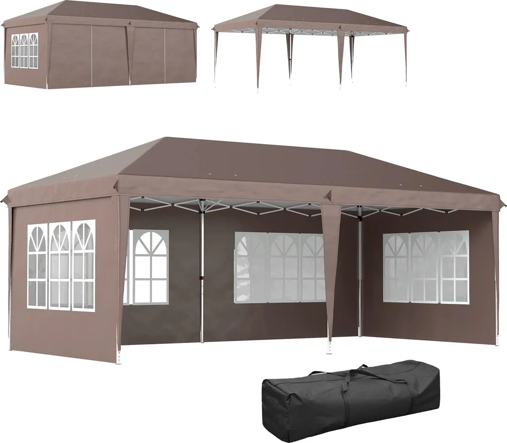Tente pliante 6x3 m anti-pluie et vent avec parois amovibles Oxford Kaki