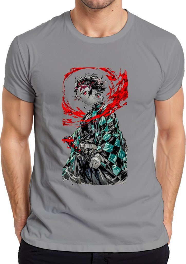 Tanjiro Kamado Demon Slayer Anime Schwert Blut Manga Geschenk Herren T-Shirt, Grau, XL