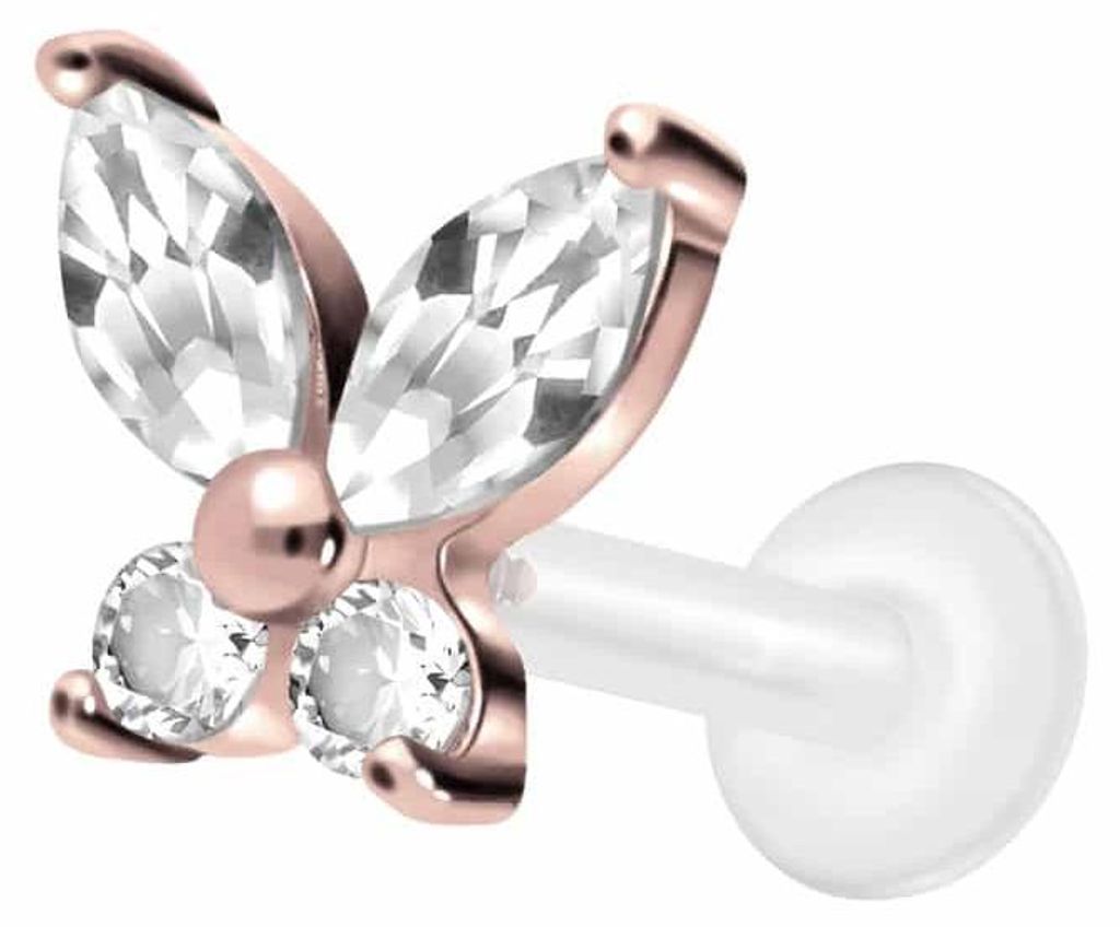 Ohrpiercing, Nasenpiercing PTFE Labret mit Innengewinde + Titan-Aufsatz KRISTALLSCHMETTERLING RoséGold Stablänge: 8mm | Stabstärke: 1,6mm