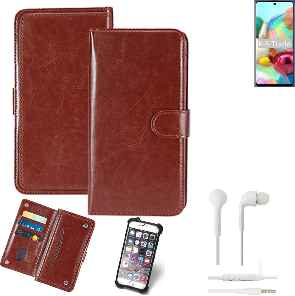 K-S-Trade 360° Hülle kompatibel mit Samsung Galaxy A71 inkl. Headphones braun Kunstleder Case BookCase WalletCase Kunstlederederhülle Handyhülle,