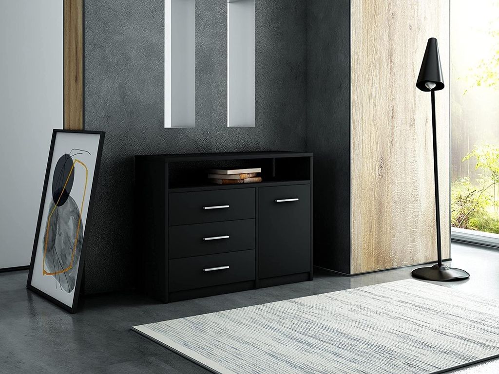 MATKAM Kommode Bodo 1D3SO, H75 x B98 x T35 cm, mit 3 Schubladen, einem Ablagefach und einem Türschrank, Griffe in Metall-Optik (Schwarz)