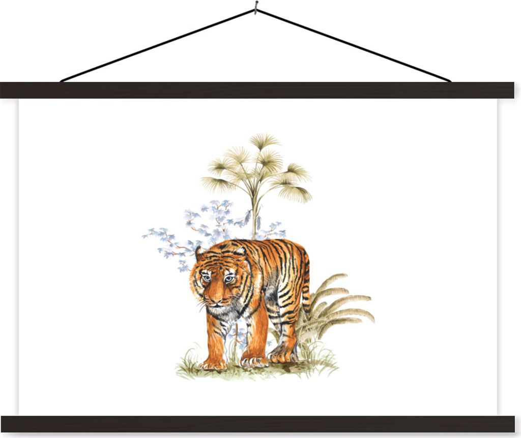 MuchoWow Textilposter Tiger - Pflanze - Weiß 90x60 cm mit schwarzem Rahmen - Aufhängungssatz