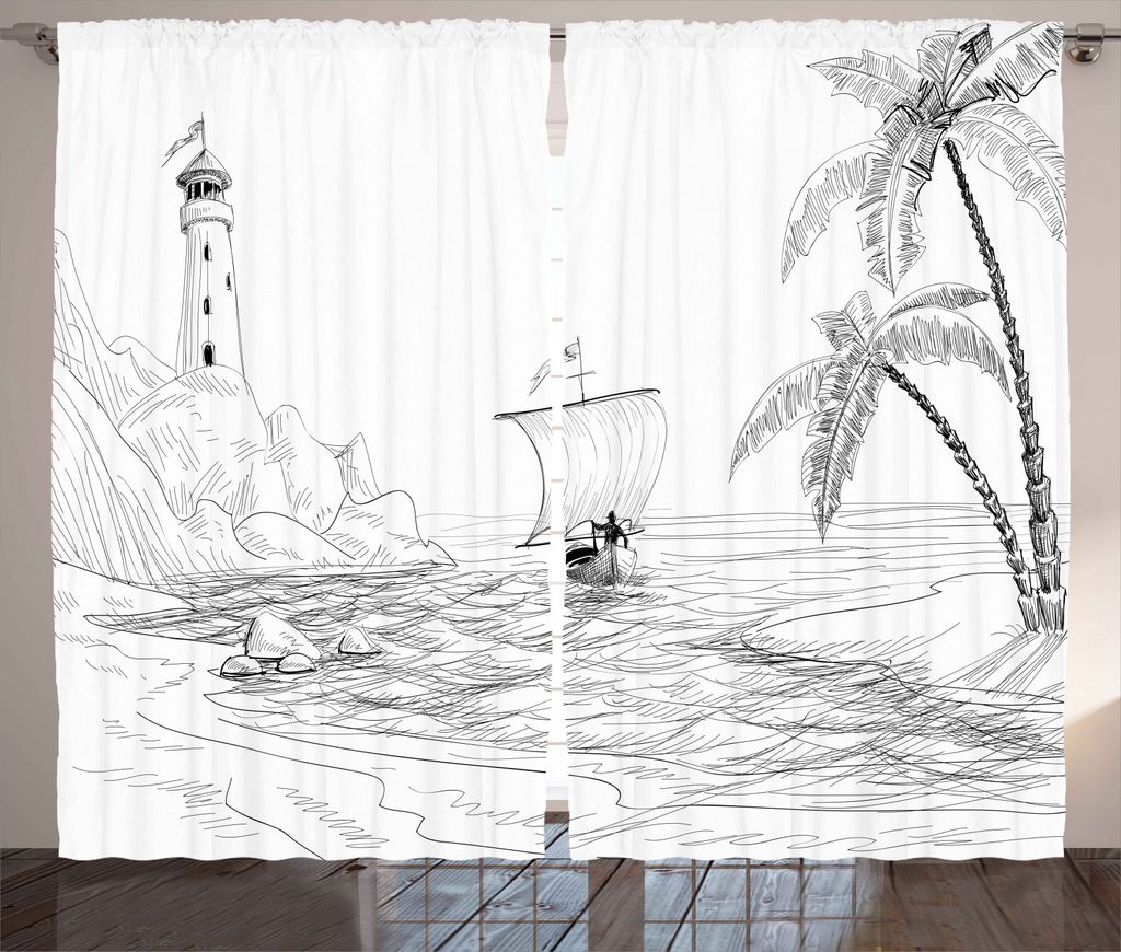 ABAKUHAUS Strand Rustikaler Gardine, Sketch mit Boat Palms, Schlafzimmer Kräuselband Vorhang mit Schlaufen und Haken, 280 x 245 cm, Schwarz und weiß