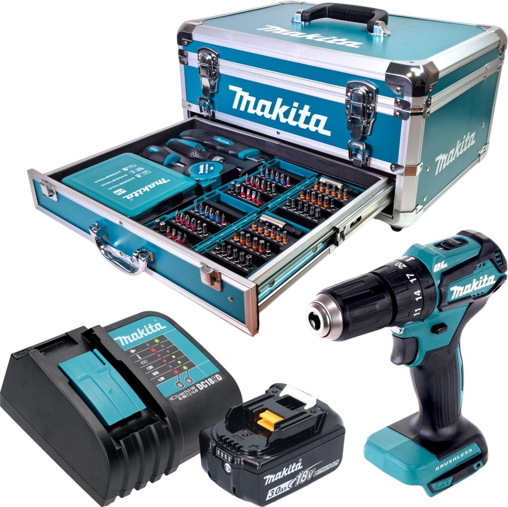 Makita DHP 483 SF1X9 Akku Schlagbohrschrauber 18 V 40 Nm Brushless + 1x Akku 3,0 Ah + Ladegerät + 96 tlg. Zubehör Set + Koffer