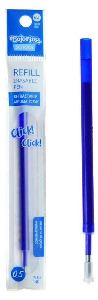 A blue pen refill is shown next to its packaging, which displays product information and branding.