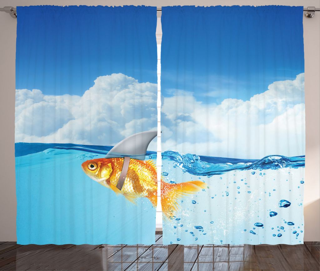 ABAKUHAUS Blau Rustikaler Gardine, Goldfisch mit Haifischflosse, Schlafzimmer Kräuselband Vorhang mit Schlaufen und Haken, 280 x 175 cm, Orange Blau
