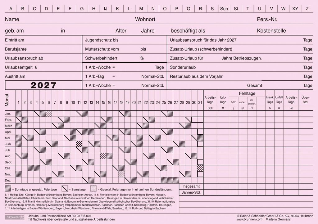 2027 BRUNNEN Urlaubskarte A5 für 2027 100St Produktbild 