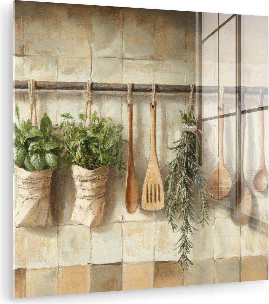 MuchoWow Glasbilder - Bilder auf Wandbild - Foto auf Glas Holz - Küchengeräte - Stilleben - Kacheln 50x50 cm Wanddekoration aus Glas - Acrylglasb...